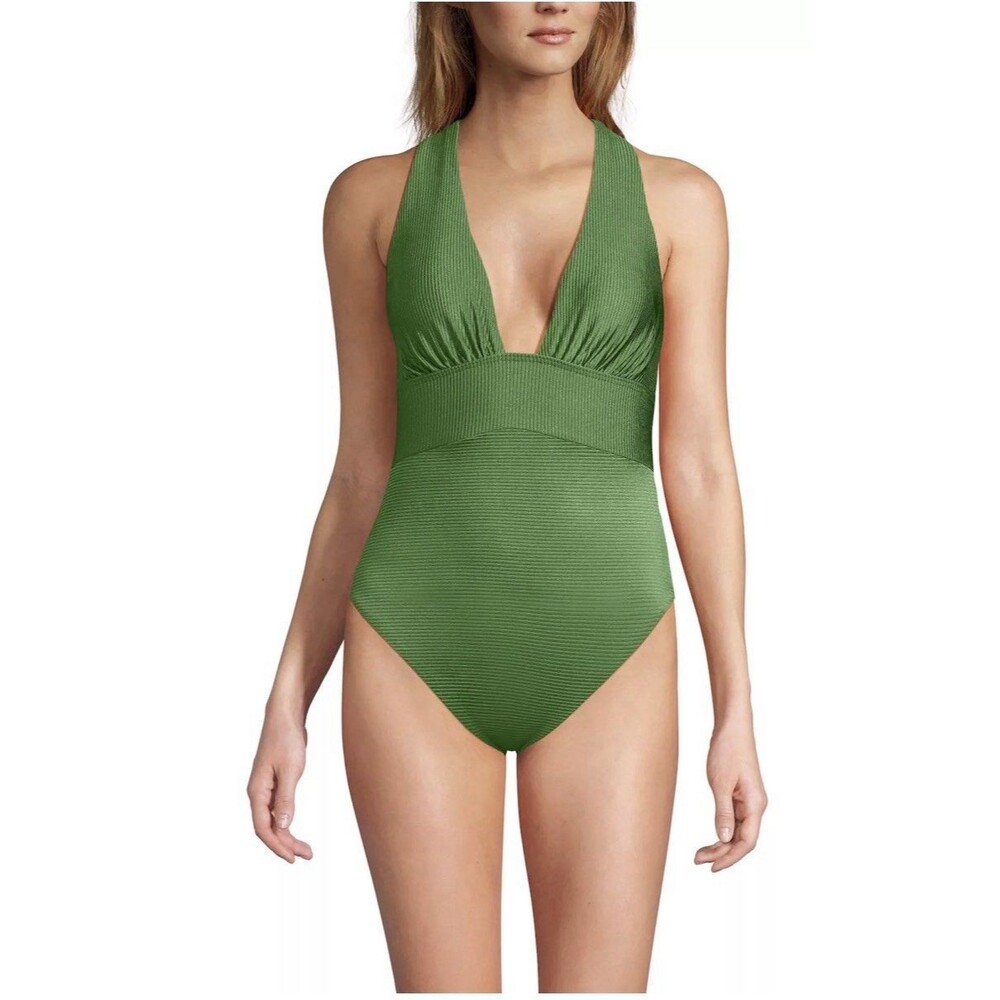 Lands End Swimsuit Size 12 Green Women's Tugless Ribbed X-Back One Piece
